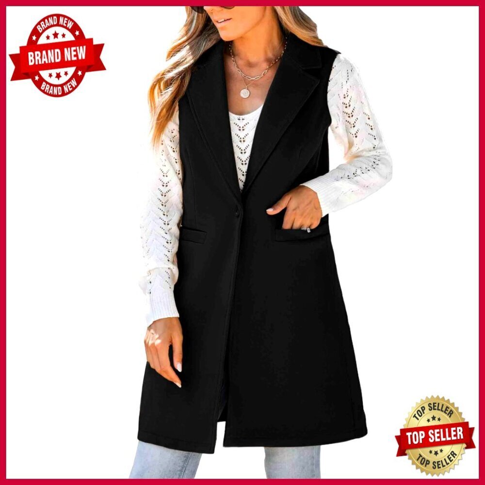 Wool Long Vest Sleeveless Blazer Trench Coat Casual Fall Winter